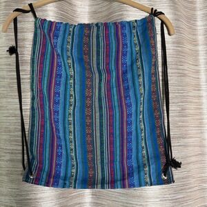 Boho Hippie Woven Striped Drawstring Backpack Blue Multi Color Baja Style Bag